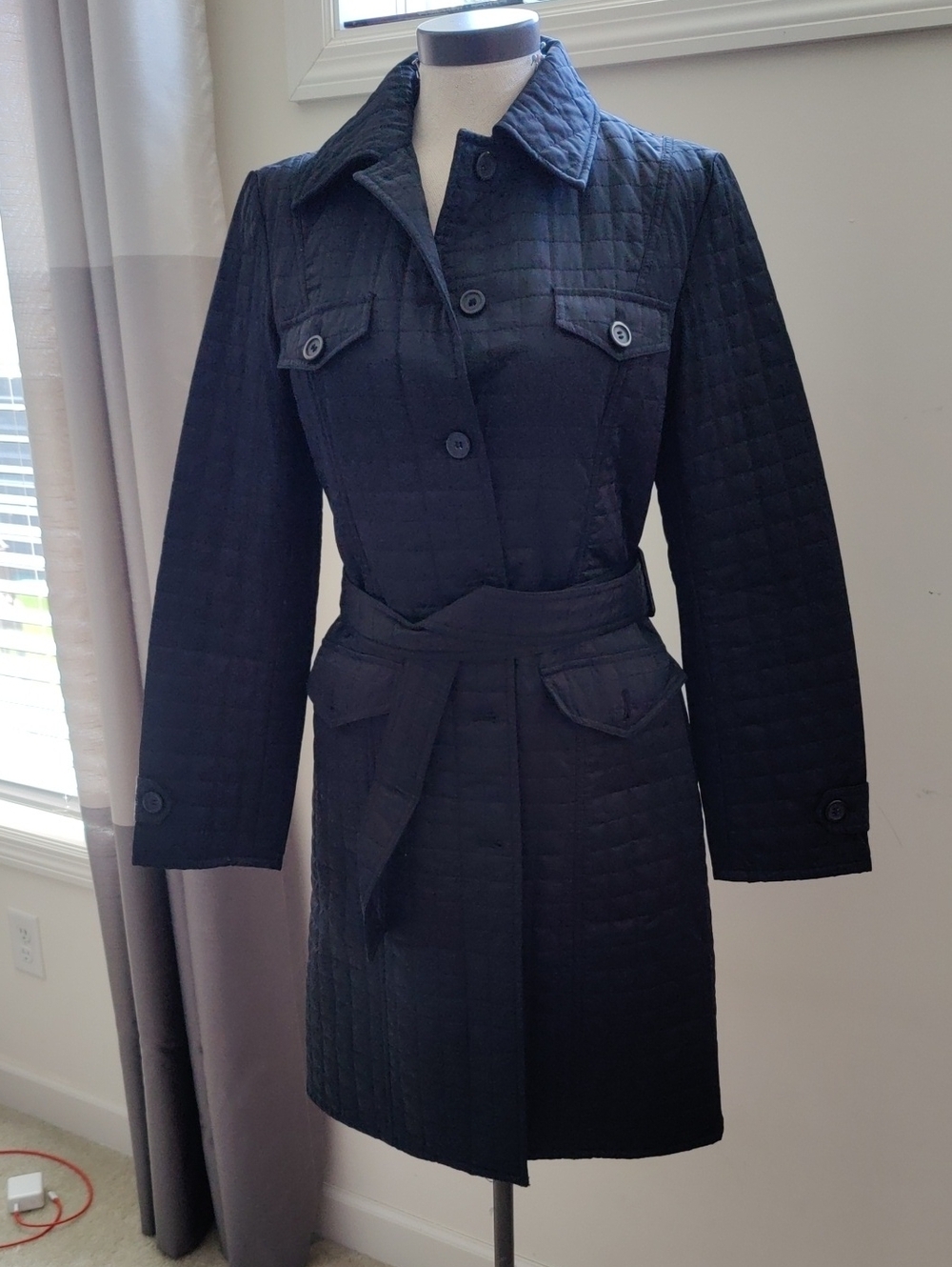 Y2K Express Women's Black Quilted Retro Casual Belted Trench Coat Cottagecore